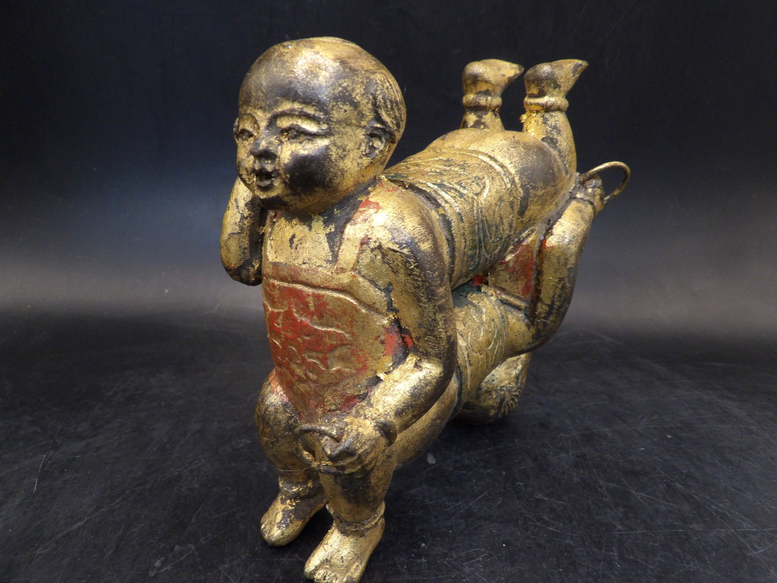 Chinese gold gilt lacquered wood carving featuring 2 boys: 4.5 inches height.