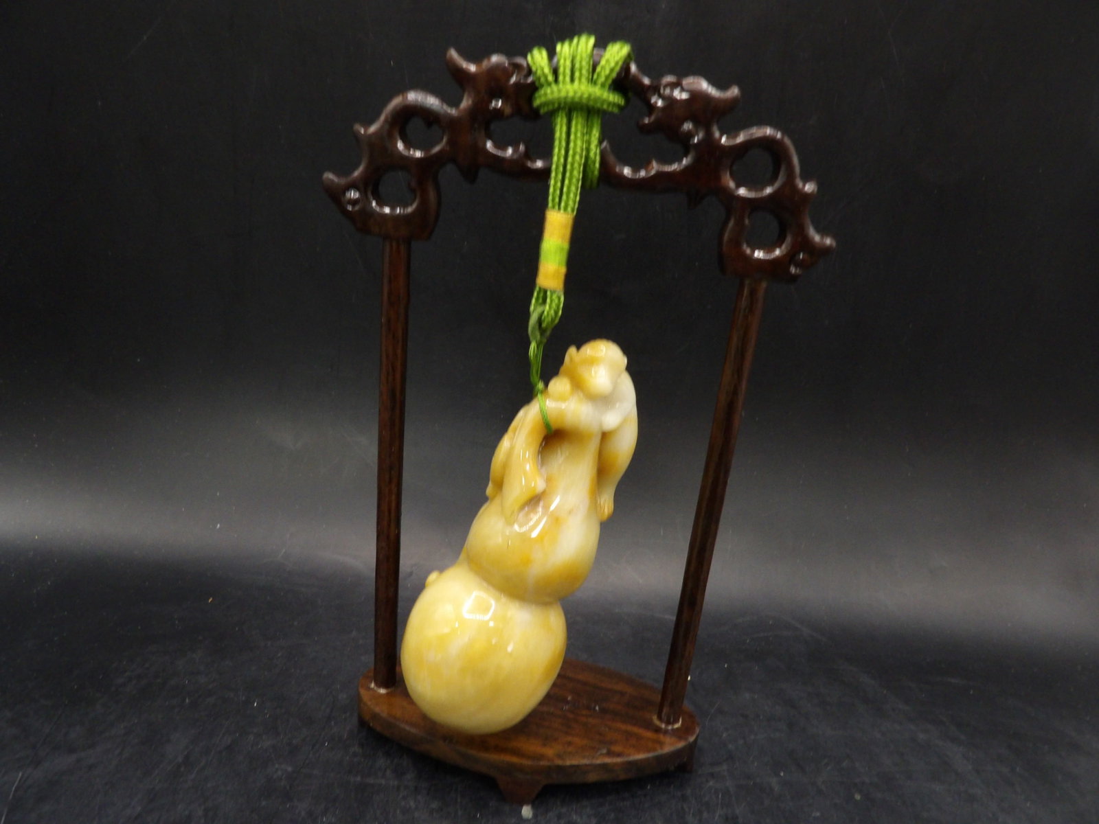 Chinese jadeite jade monkey on a gourd carving hanging on wooden stand (1 of 7)