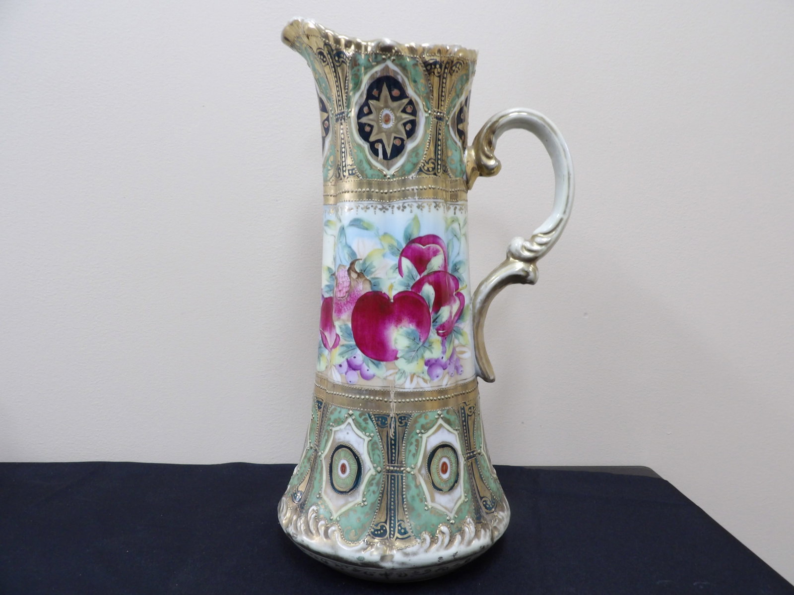 extra tall antique Nippon fine porcelain pitcher with hand painted fruits and gold trim (1 of 10)