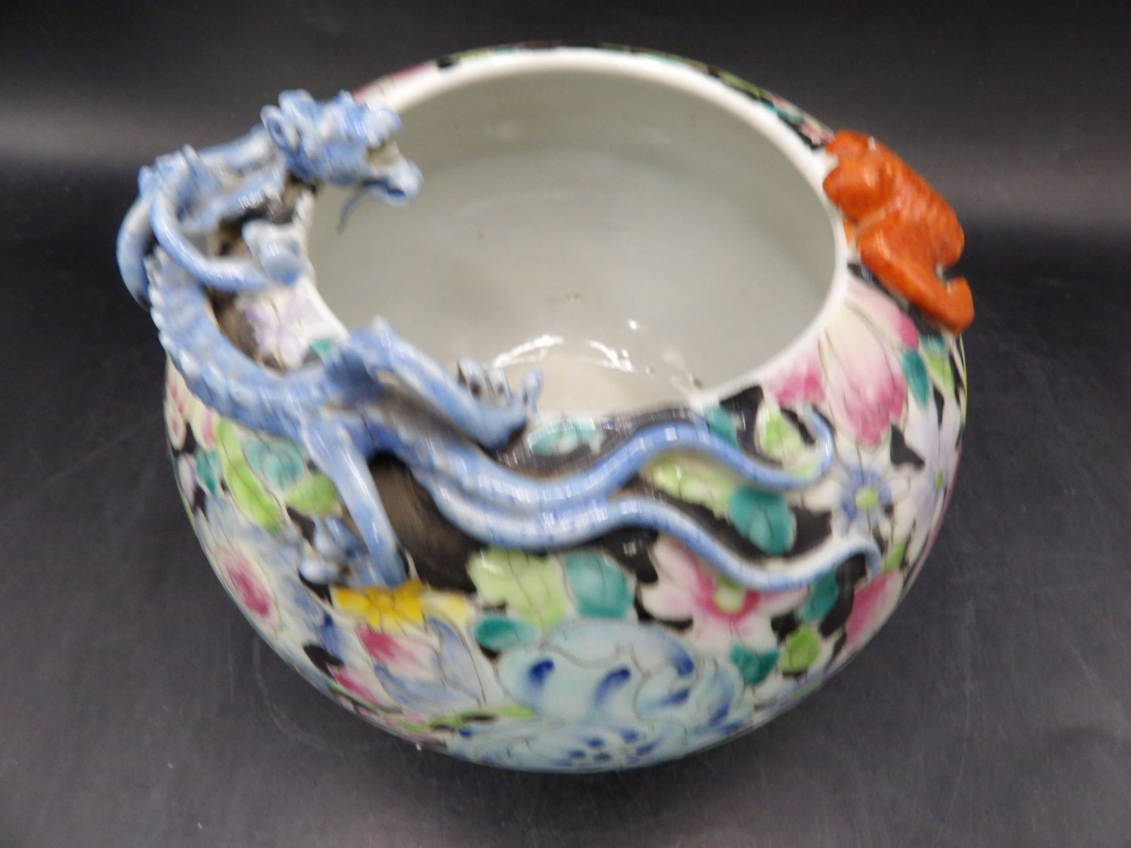 antique millefleur porcelain brush pot with raised Chilong and bat motifs marked China: Approx size is 5.5 x 5.5 x 4 inches.