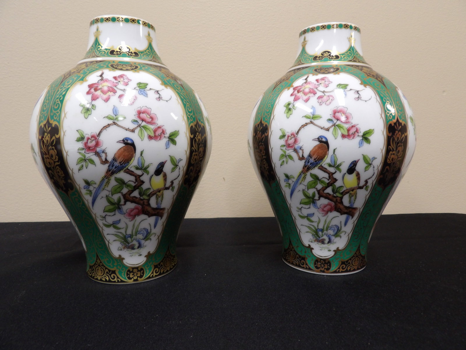 Kaiser Germany porcelain pair of porcelain vases with birds blossoms green gold motifs "Mandschu": 7.8 inches height.