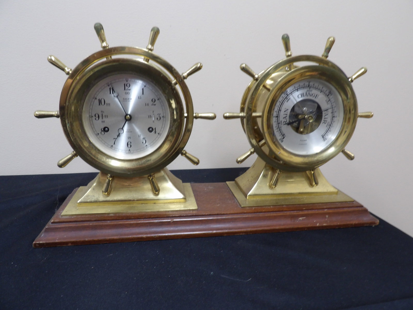 vintage Salem solid brass ship's wheel clock and barometer set: 20 inches length.