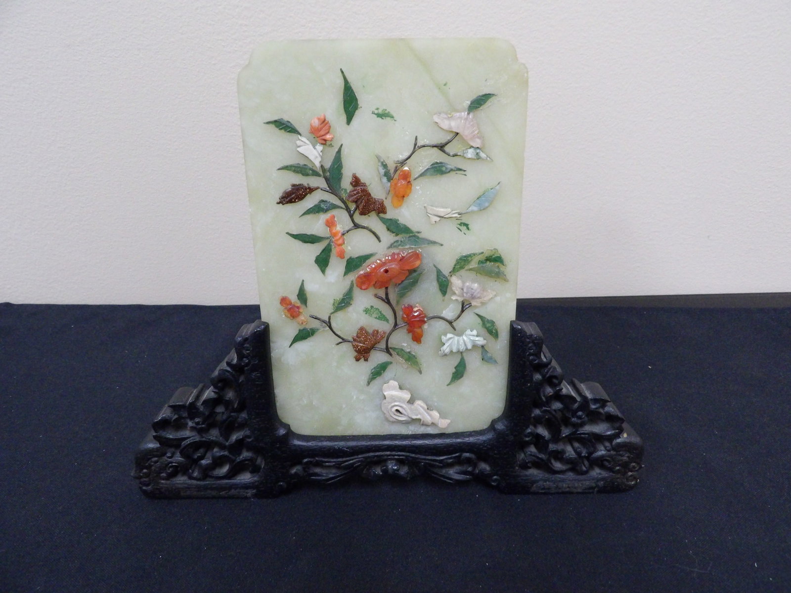 Chinese antique jade table screen with ornate wooden base: 8.8 inches length. We will inhouse ship items to you very affordable and efficient. Select self-arrange shipping.