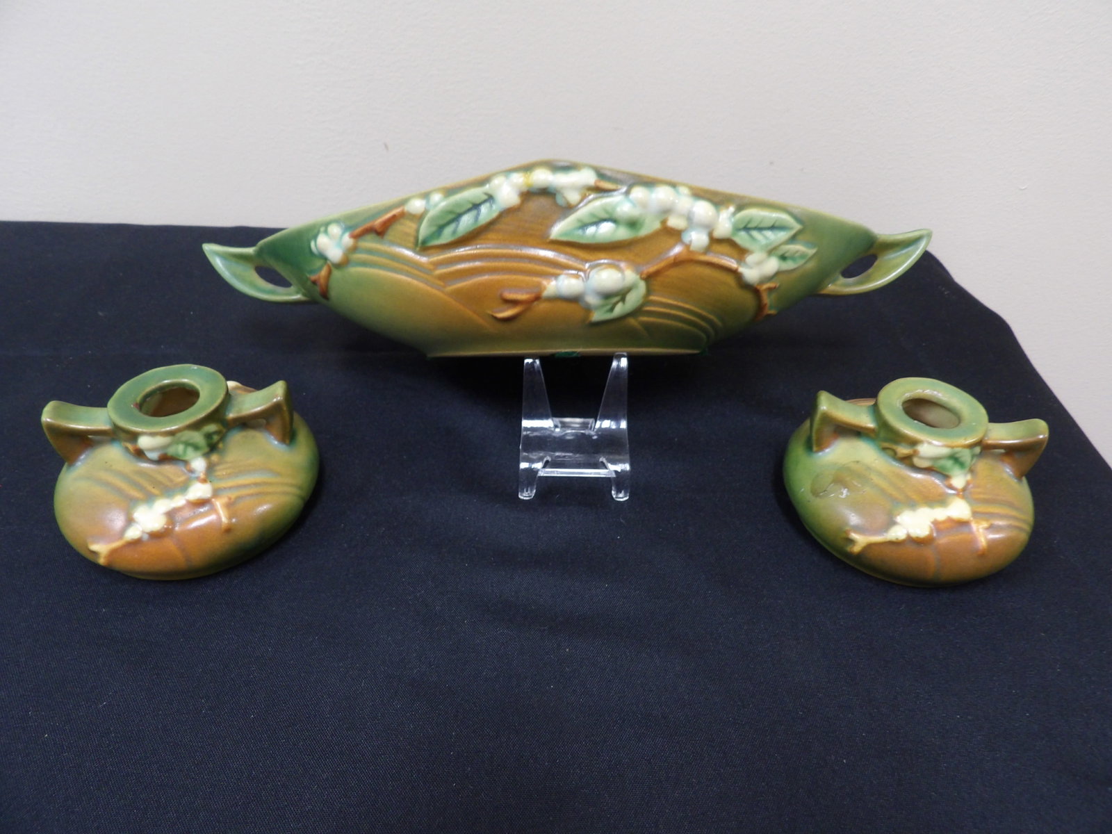 lot of 3 Roseville Clematis pattern art pottery console bowl with 2 candlesticks: Bowl is 12.5 inches length. Candlestick is 3.5 inches length.