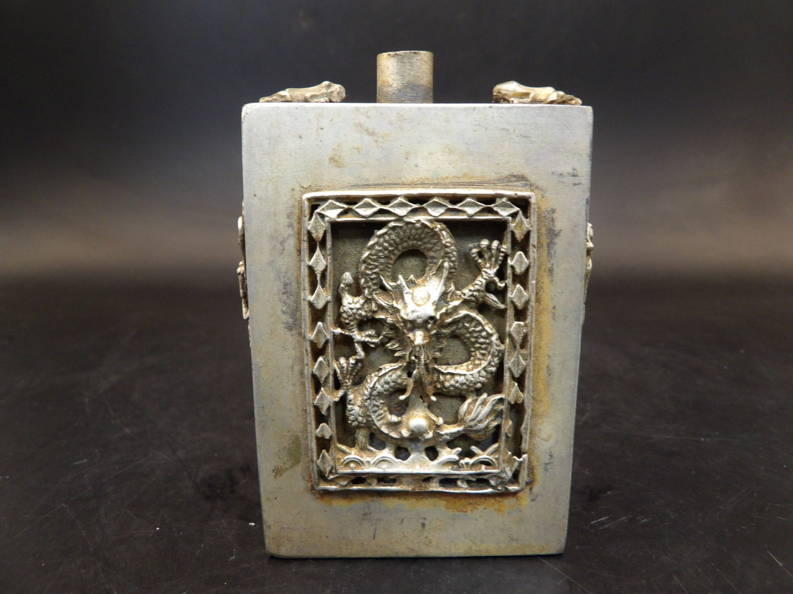 antique Chinese metal snuff bottle with dragon phoenix and frog motifs: 2.6 inches height.