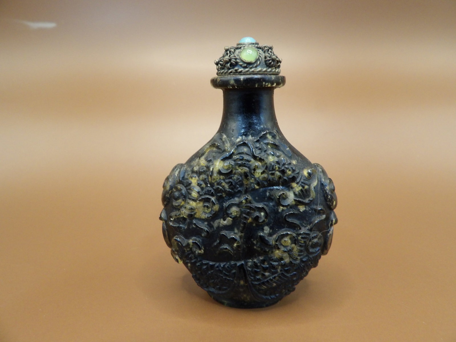 antique Chinese lacquered snuff bottle with mask handles and gold glitter: 2.4 inches height.