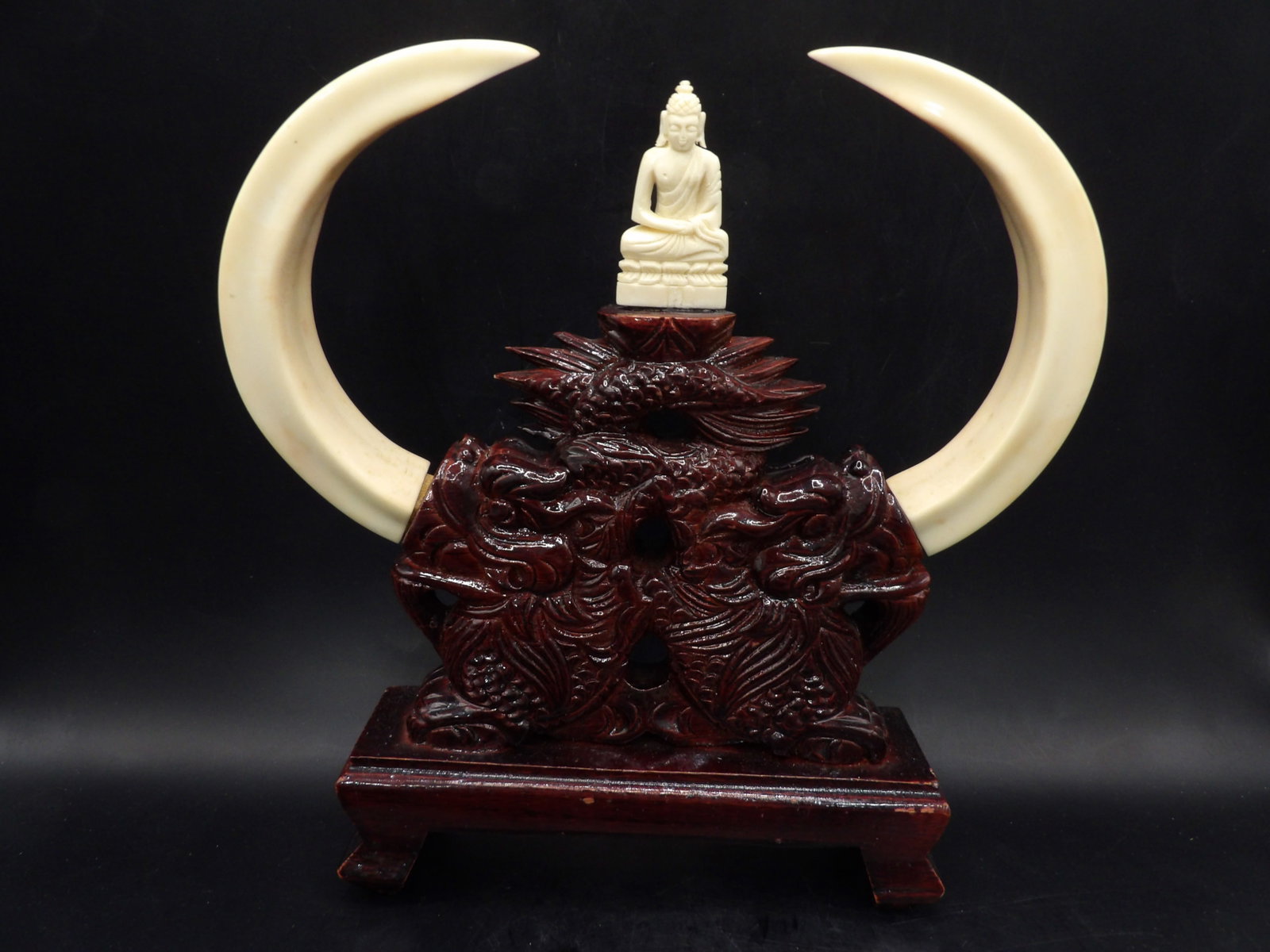 Asian fine carved wood dragon and buddha statue: 9.3 inches height. Not sure about the material of the buddha and horns. We will inhouse ship items to you very affordable and efficient. Select self-arrange shipping.