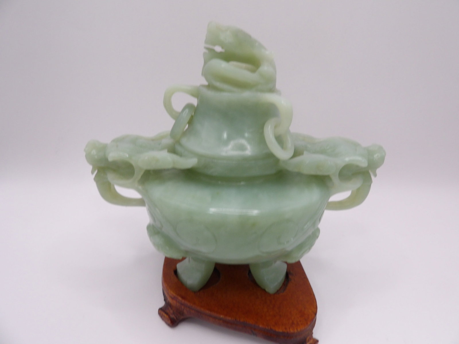 Chinese carved jade incense burner on custom wood base: 6.2 inches height including wood base. 827 grams.