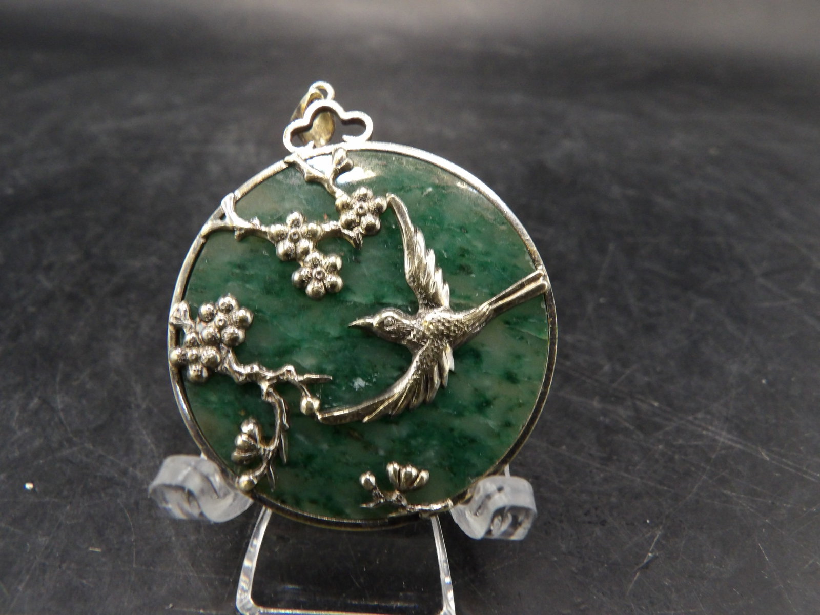 Chinese carved pendant with bird floral motifs and Chinese character (1 of 4)