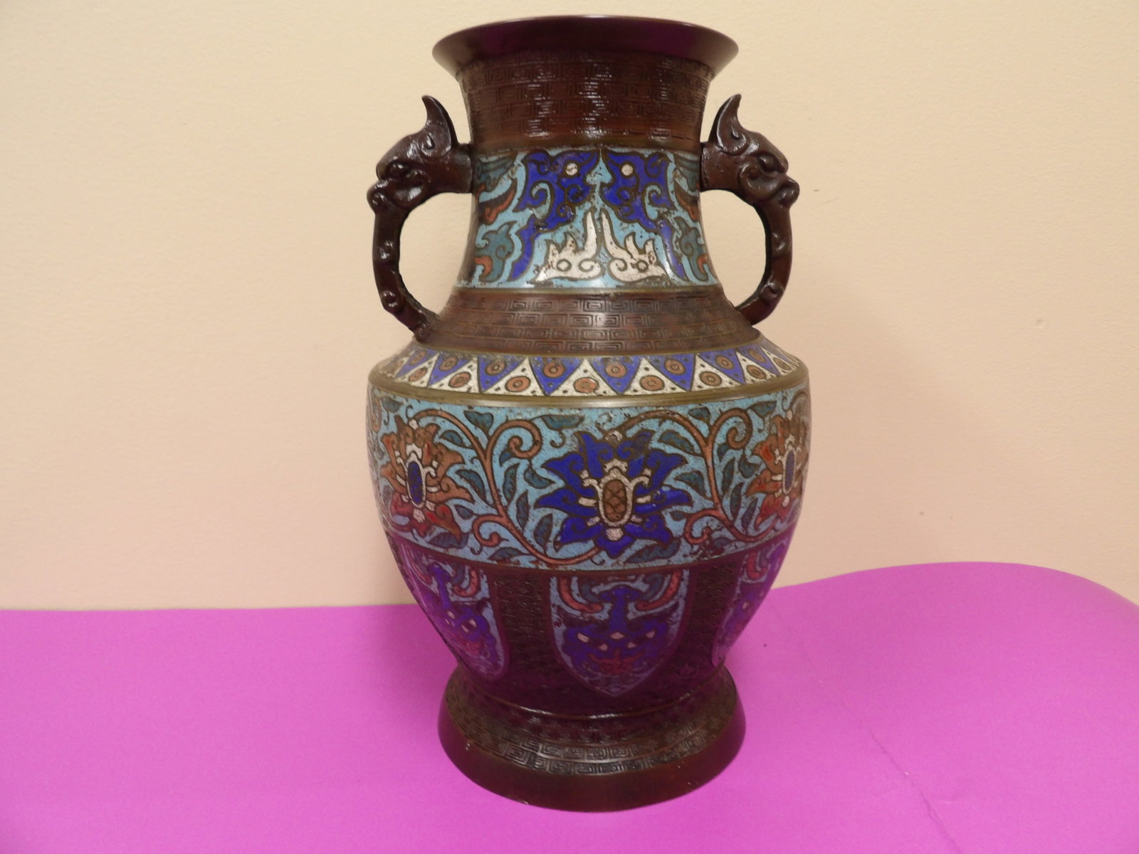 Japanese bronze cloisonne vase with dragon handles: Approx. 12 inches height.