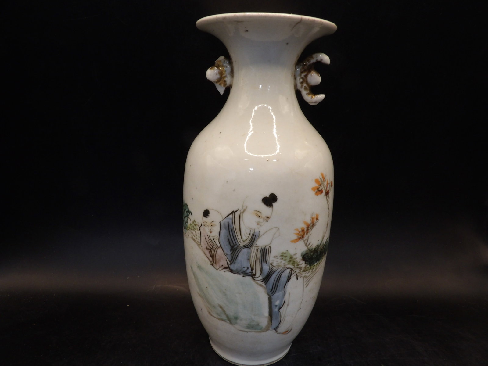 antique Chinese porcelain vase with hand painted boys and Chinese calligraphy: 8.6 inches height.
