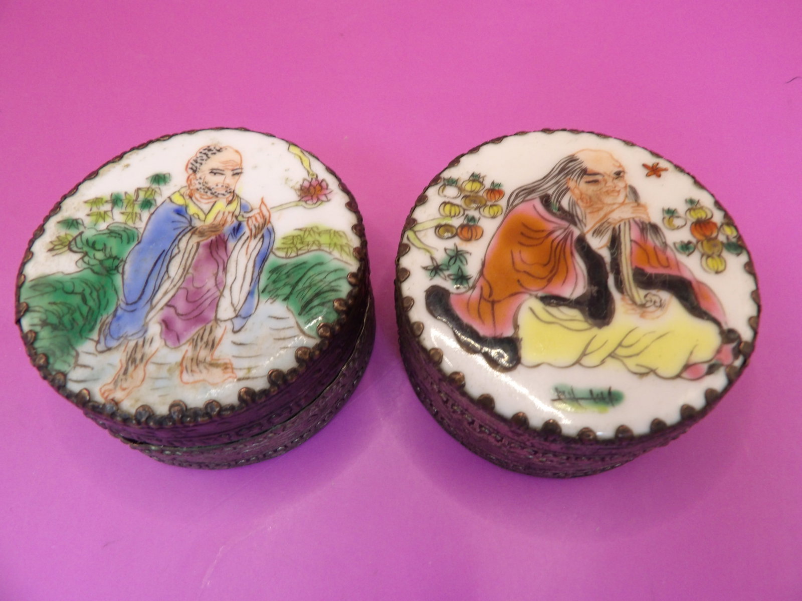 pair of old Chinese trinket boxes with hand painted porcelain lids: Size is 2.1 x 2.1 x 1.1 inches.