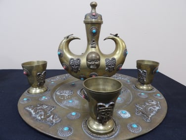 antique Turkish or Tibetan brass beverage set with cups featuring dragon motif and inlaid details