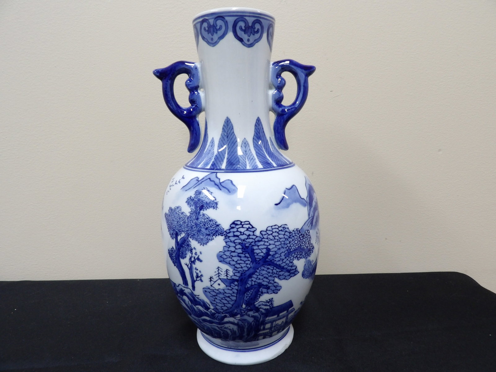 Chinese export blue and white scenic porcelain vase with handles probably 1950s: 12 inches height.