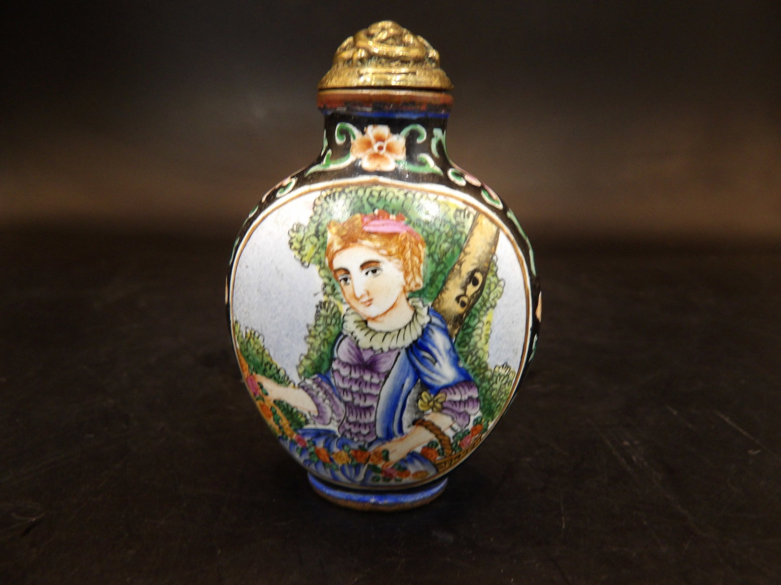 antique Chinese copper enamel snuff bottle w European lady portrait and Qing dynasty Qianlong mark: 2.2 inches height.