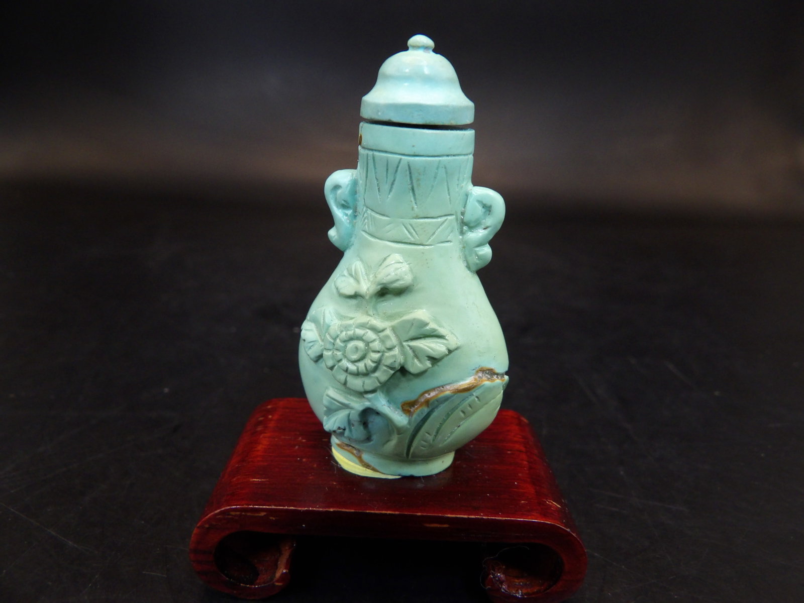 Chinese fine carved turquoise snuff bottle adhered to wood base (1 of 7)