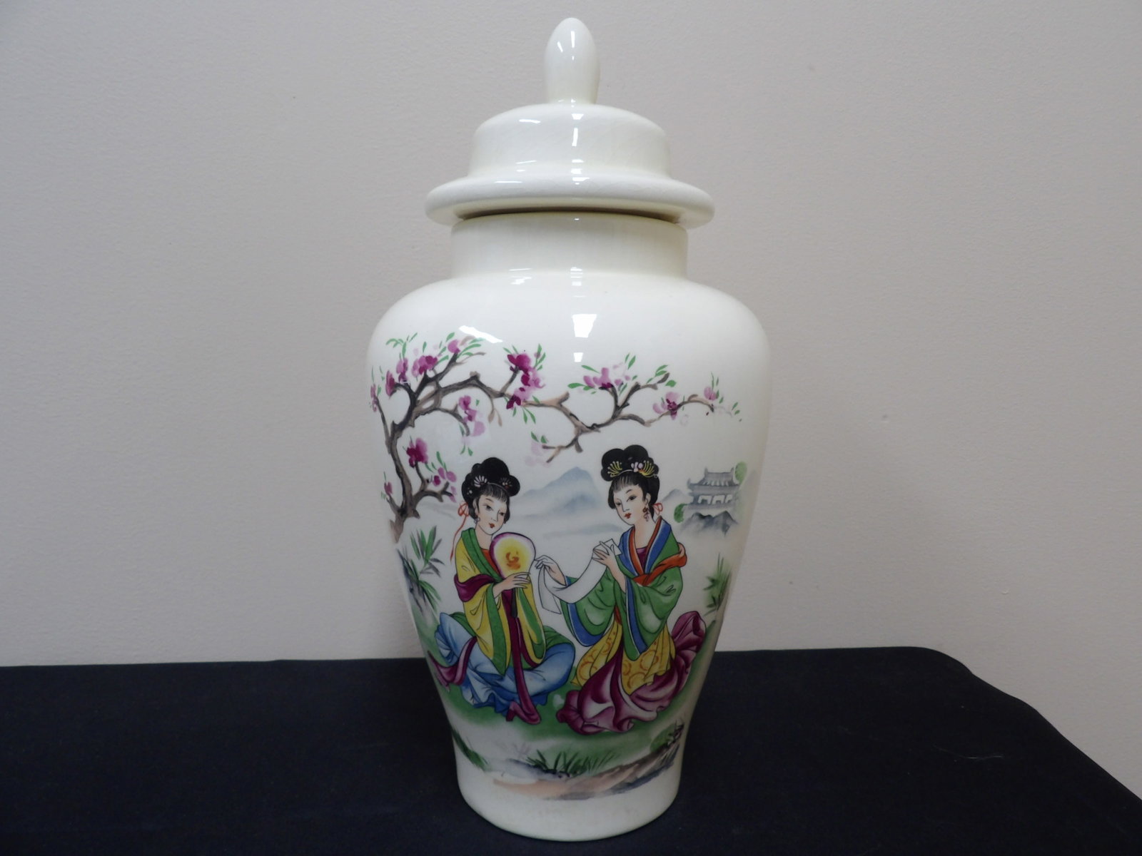 vintage chinoiserie tall lidded porcelain ginger jar featuring beauties probably Chinese: 15 inches height.
