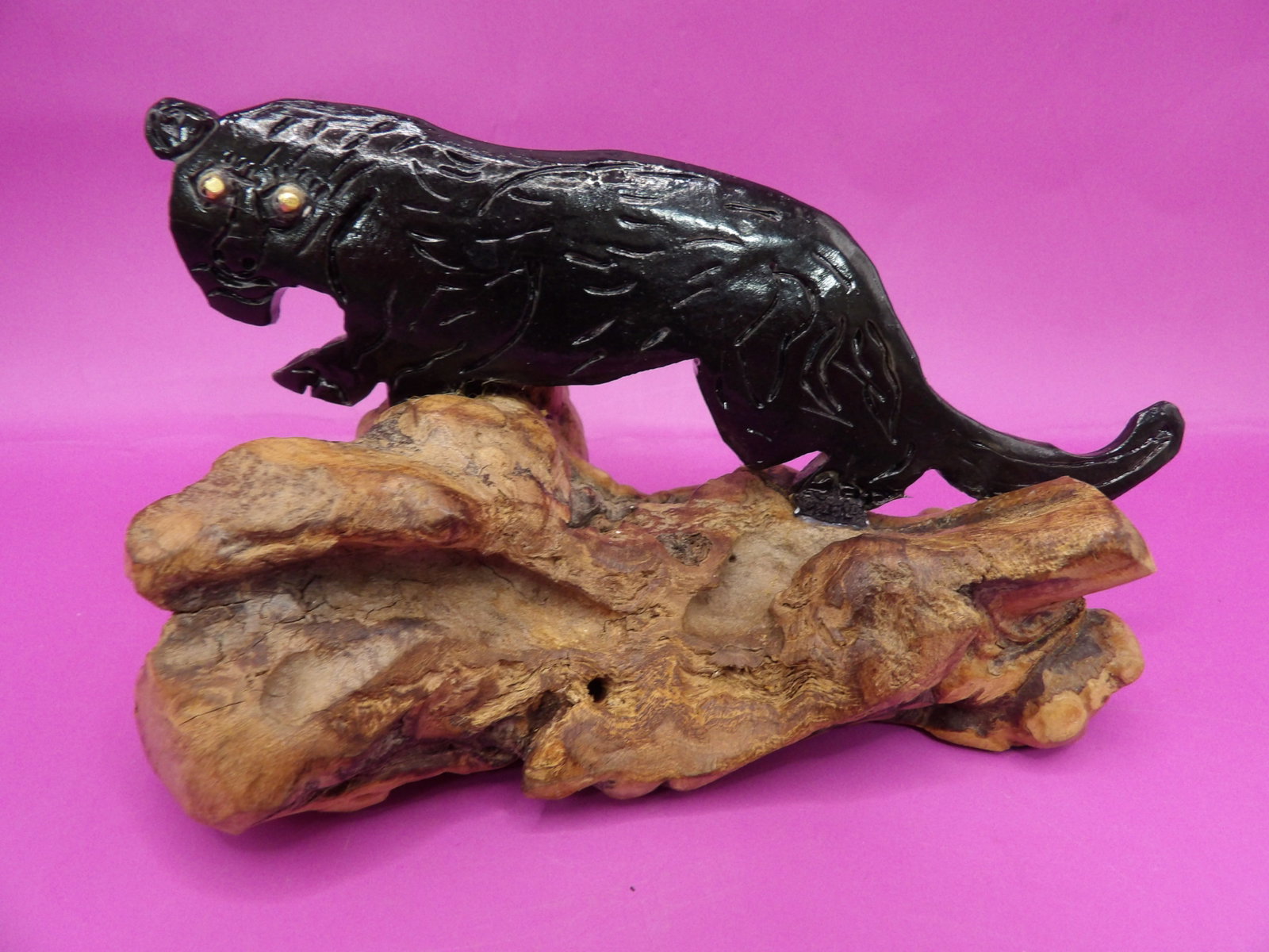 hand carved panther sculpture on wooden branch base (1 of 4)