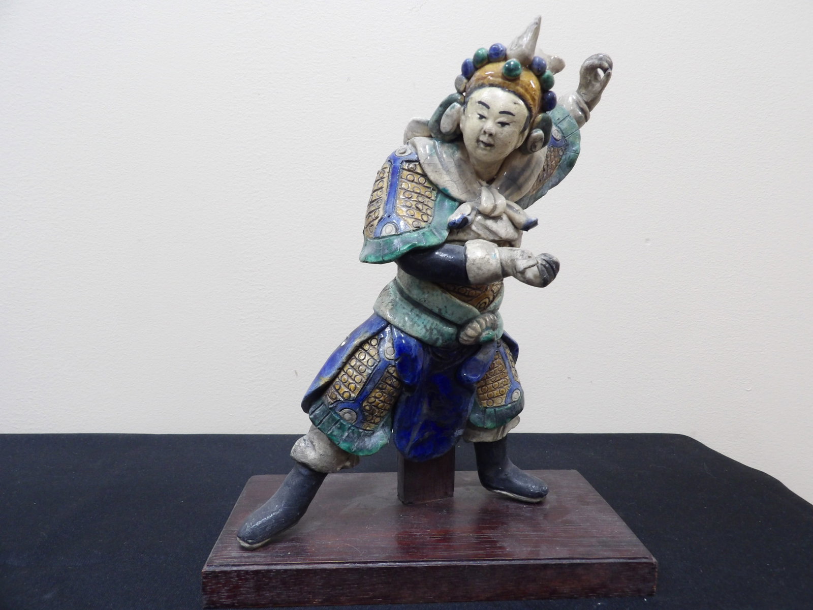antique 19th century Chinese sancai glazed warrior roof tile on wood base: Over 10 inches height including wood base.
