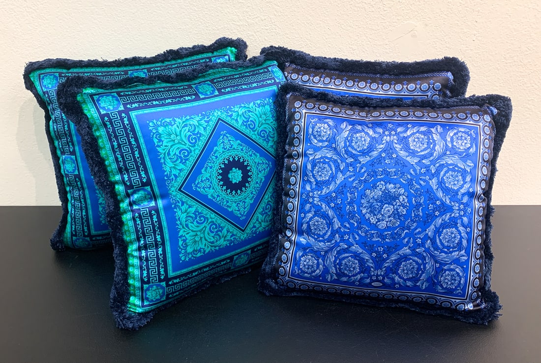Four Versace Blue Silk Throw Pillows