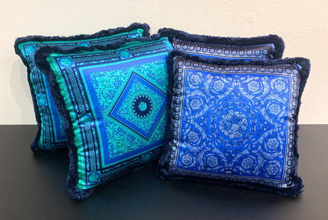 Four Versace Blue Silk Throw Pillows: Four Versace Blue Silk Throw Pillows. Two Pairs Of Fringed Pillows, In Blue, Black And Green, 16 X 16 And 17 X 17 Inches, Three With Tagged Clear Dust Bags. See Photos For Condition.