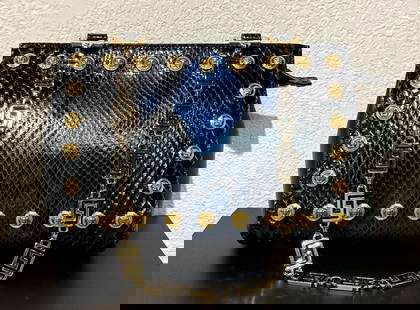 Rare Versace Python Handbag: Rare Versace Handbag In Black And Blue Python With Gold Tone Hardware. Retail Tag Included; Care Card, Box And Dust Cover Included. Some Signs Of Lifting To Back Side, But Appears To Have Little