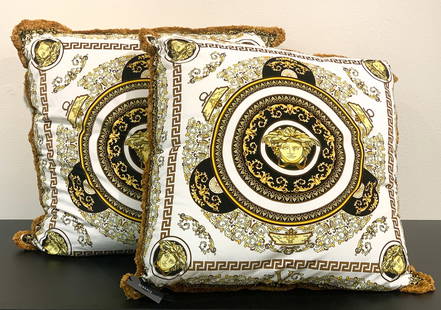 Pair Versace Gala Medusa Cushions - B: Pair Versace Gala Medusa Cushions. Large And White Silk And Velvet Reversible, New With Original Tags And Dust Bags, 30 X 30 Inches, One Dust Bag With Tape Repaired Slit. Currently $1,100 Each At