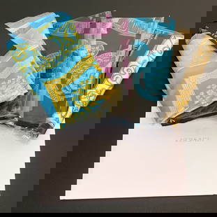Four Versace Silk Scarves: Four Versace Silk Scarves, Medusa And Barocco Patterns In Turquoise, Lavender, Black White And Gold, All Labeled, Some With Retail Tags, Two Card Stock Folios 34 X 34 Inches. See Photos For