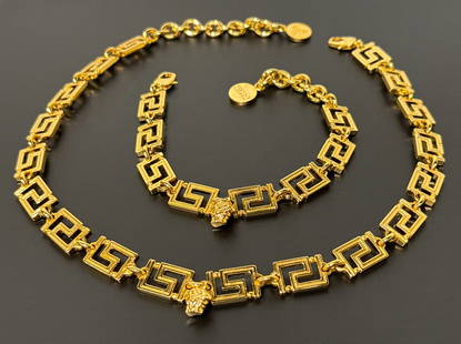 Versace Unica Greca Necklace And Bracelet Set: Versace Unica Greca Necklace And Bracelet Set. Warm Gold Tone Metal, Bracelet Is 9 Inches; Necklace Is 18 Inches. Includes Authenticity Cards And Bracelet Box. See Photos For Condition.