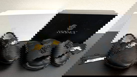 Two Pair Men’s Versace Shoes: Two Pair Men’s Versace Shoes. Medusa Pool Slides Size 42 Signs Of Very Slight Wear. City Shoes Size 42 Show Signs Of Wear Underside, Mostly At Heel (driving). Clean. Includes Dust Bags, Retail