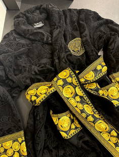 Versace Medusa Crystal Studded Robe: Versace Cotton-terry Jacquard Robe With Studded Crystals Medusa Back, Printed Trims, Detachable Waist Tie. Size Xl. Retail Tags Included. Approx 48 Inches Long. As With All Textiles And Garments, We