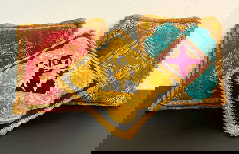 Three Versace Throw Pillows: Three Versace Throw Pillows. Velvet And Silk Reversible, Gold, Blue Red, Black, Turquoise And Lavender, One With Ballerinas Two 14 X 14 And One 15 X 15 Inches. See Photos For Condition.