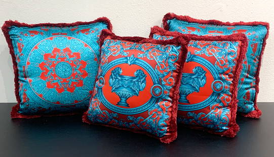 Four Versace Silk Red And Turquoise Pillows: Four Versace Silk Red And Turquoise Pillows. Pair Of La Coupe Des Dieux And Pair Of Baroque Pattern All With Red Fringe 15 X 15 And 16 X 16 Inches, All With Tags And Clear Dust Bags. See Photos For