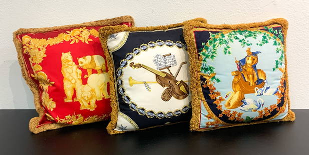 Three Versace Throw Pillows: Three Versace Throw Pillows. Cotton And Silk With Violin, Lohengrin With Swans, And Bear Reversible Designs, 17 X 17 And 16 X 16 Inches, Two Clear Dust Bags, One With Tags, Thread Pulls And Blue