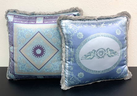 Two Rare Versace Canova's Angels Silk Pillows: Two Rare Versace Silk Pillows, Canova's Angels, Both Blue With Fringe, One With Putti, Both Reversible, 15 X 15 And 17 X 17 Inches, Each In Clear Dust Bags With Tags. Zippered Covers.