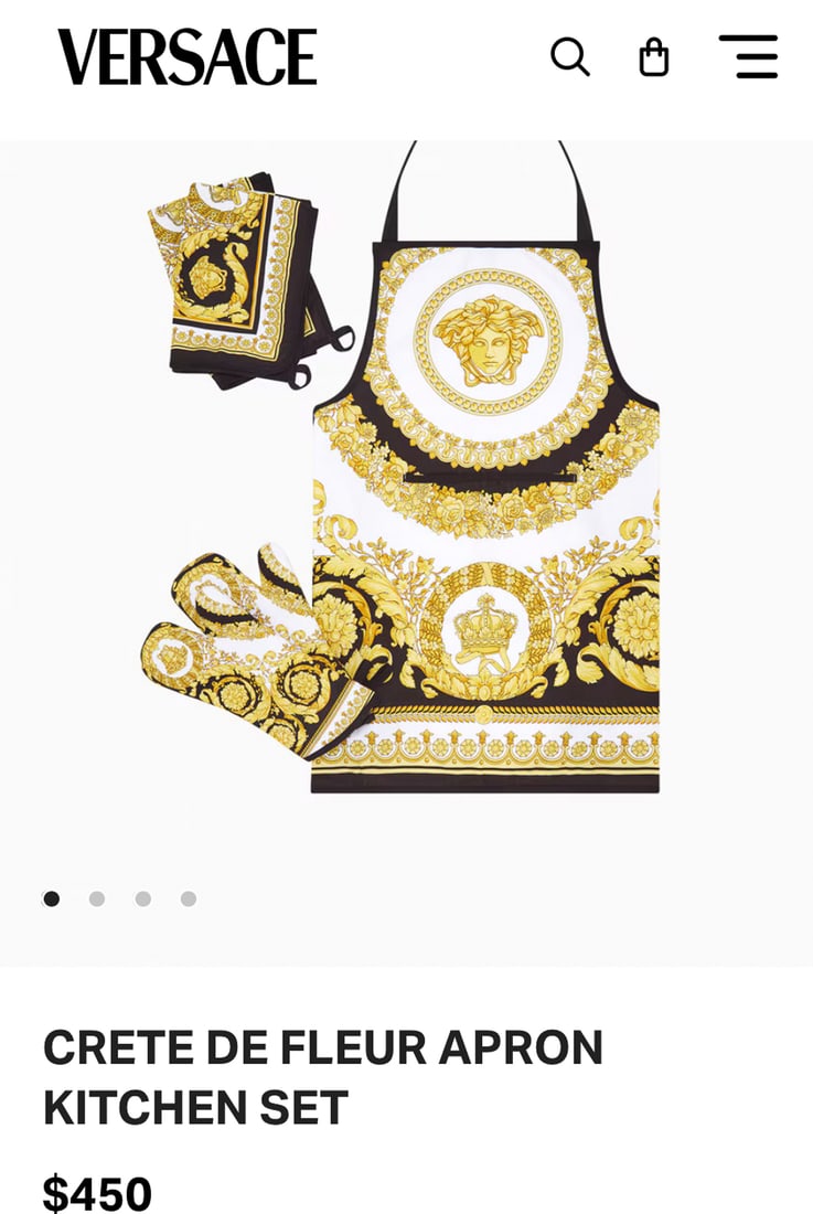 Versace Crete De Fluer Kitchen Set: Versace Crete De Fluer Kitchen Set. Appears Never Used. Includes Apron, 2 Mitts, And 2 Dish Towels. Currently $450 At Retail. Retail Tags And Box Included. See Photos For Condition.