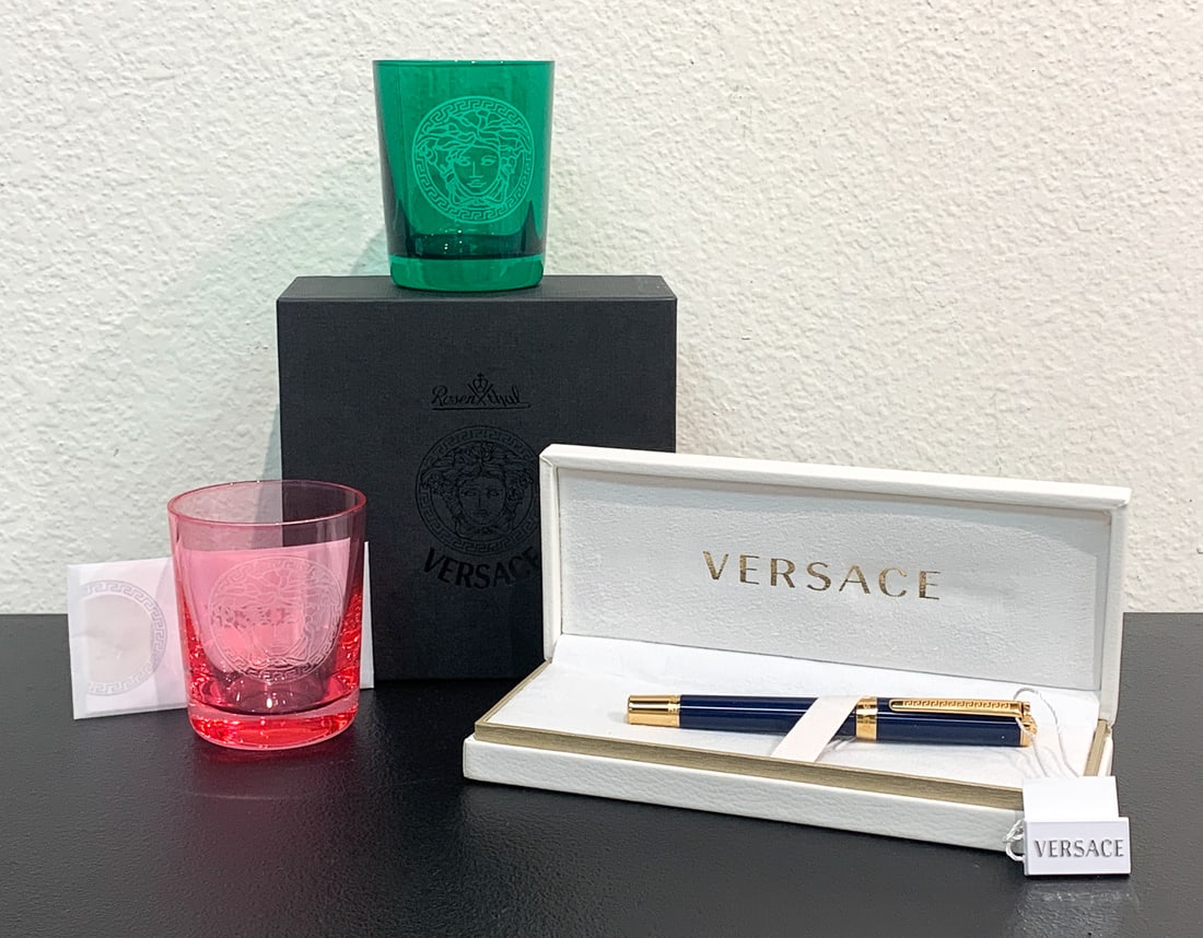 Versace Pen And Votive Glasses: Versace Pen And Pink And Green Medusa Crystal Votive Glasses With Etched Mark Rosenthal Versace Underside, Heights 3 Inches, Cobalt Enamel Ballpoint Pen, 5 Inches, All With Original Boxes. See Photos