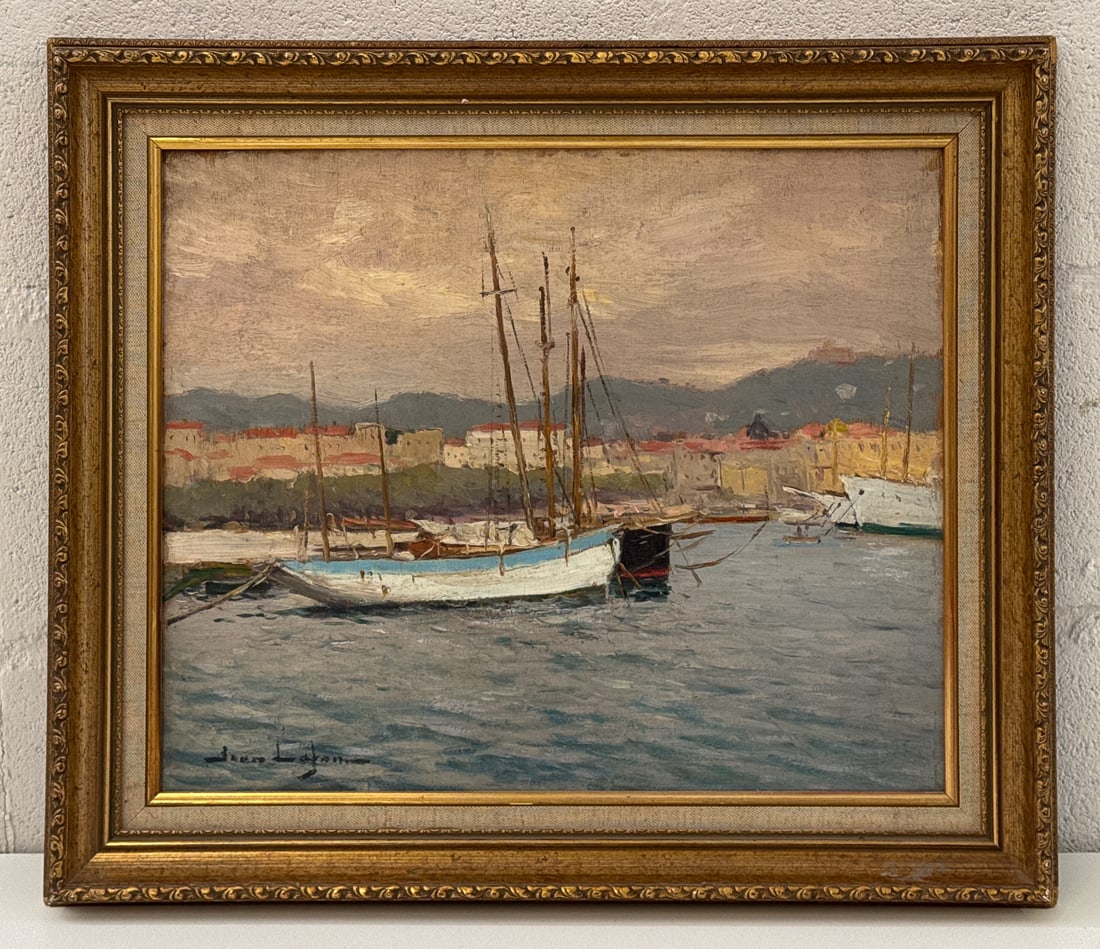 Jean Lefon, French, 1886-1973: Jean Lefon, French, 1886-1973, Le Port De Saint Jean Cap Ferret, Harbor Scene, Oil On Wood Panel, Signed Lower Left, Titled In Pencil Verso, 15 X 18 Inches, Gilt Frame 19 X 22 X 1.5 Inches, Paint Surf