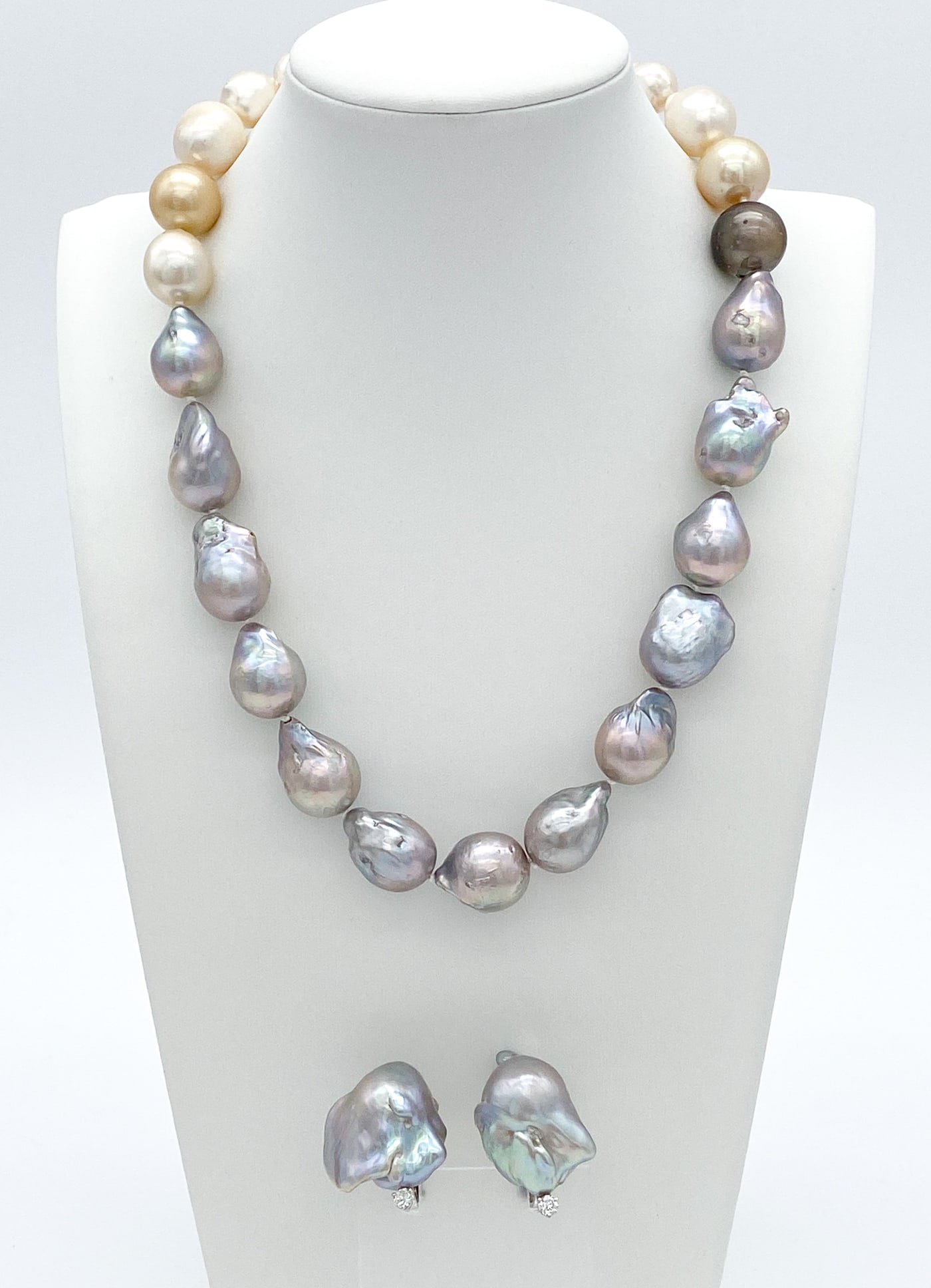 Group Of Baroque Pearl & Diamond Jewelry: Group Of Baroque Pearl & Diamond Jewelry, Necklace Having Gray, Golden, And White Pearls, Aaa Quality, 10mm-16mm Approx, With 18k Stamped Clasp Of Approx 1.26ctw G-h, Si1 Diamonds, 17 Inches. Along Wi