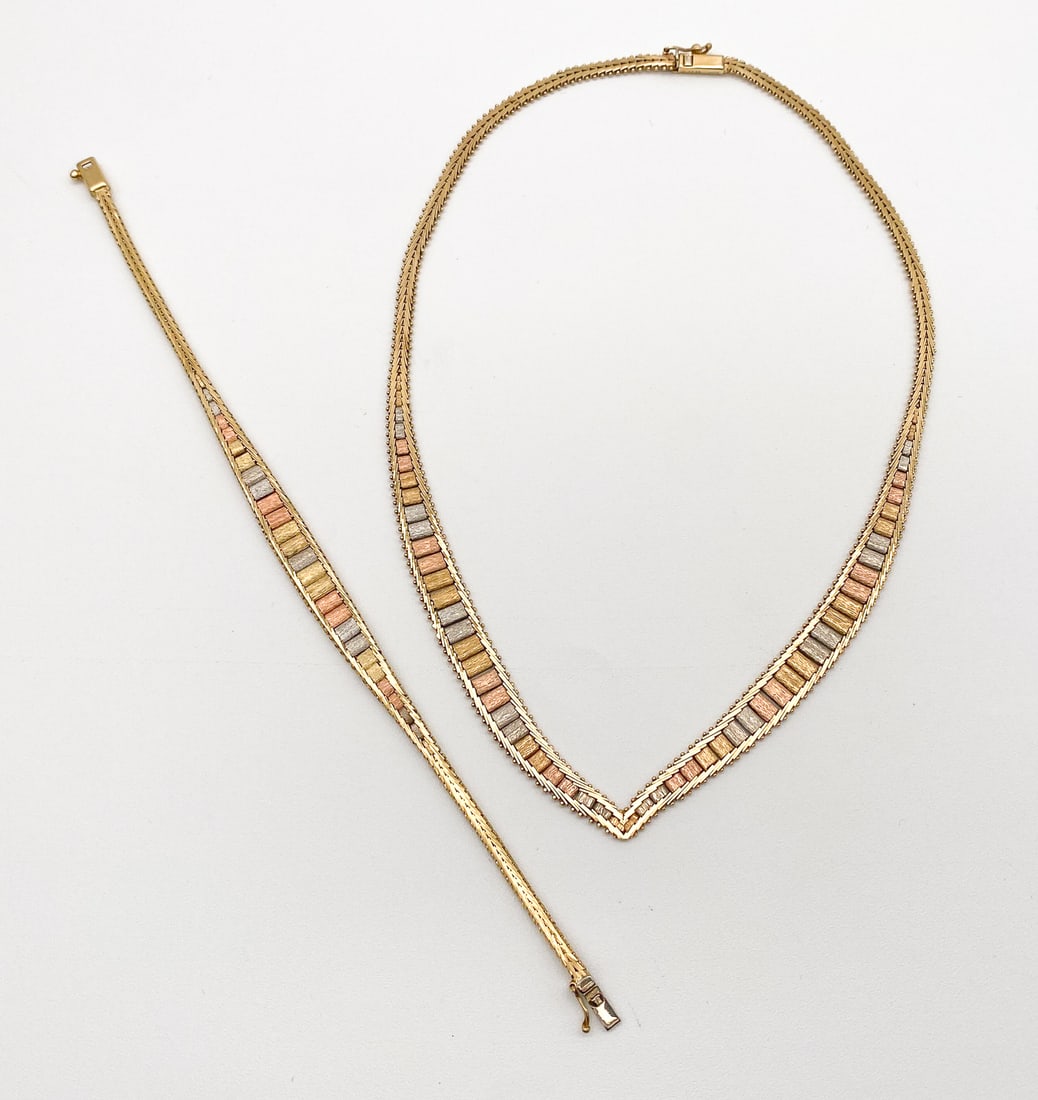 Italian Tri Color 14kt Gold Necklace & Bracelet (1 of 1)
