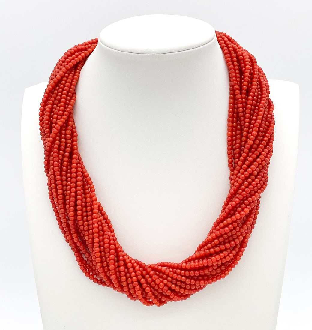Coral And 18k Gold Torsade Necklace: Coral Beads Of Approx 15 Inches (shortest) With 18k Yellow Gold Clasp, Italian Star Hallmark 750. 139.6 Grams Total Weight.