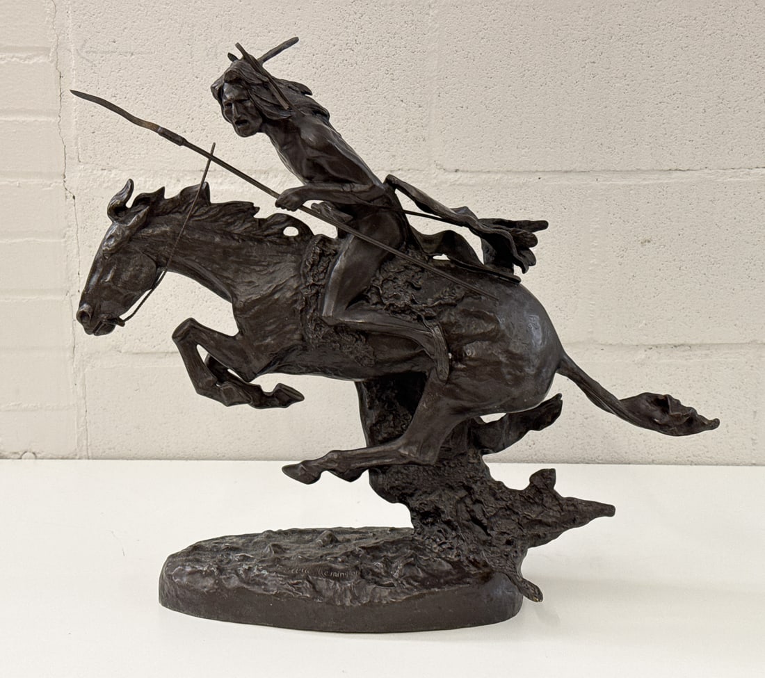 The Cheyenne Bronze Figure: The Cheyenne Bronze Figure, Late 20th Century, American Indian On Horseback After Frederic Remington, Overall 19 X 22 X 6 Inches, Surface Scratches And Accretions.