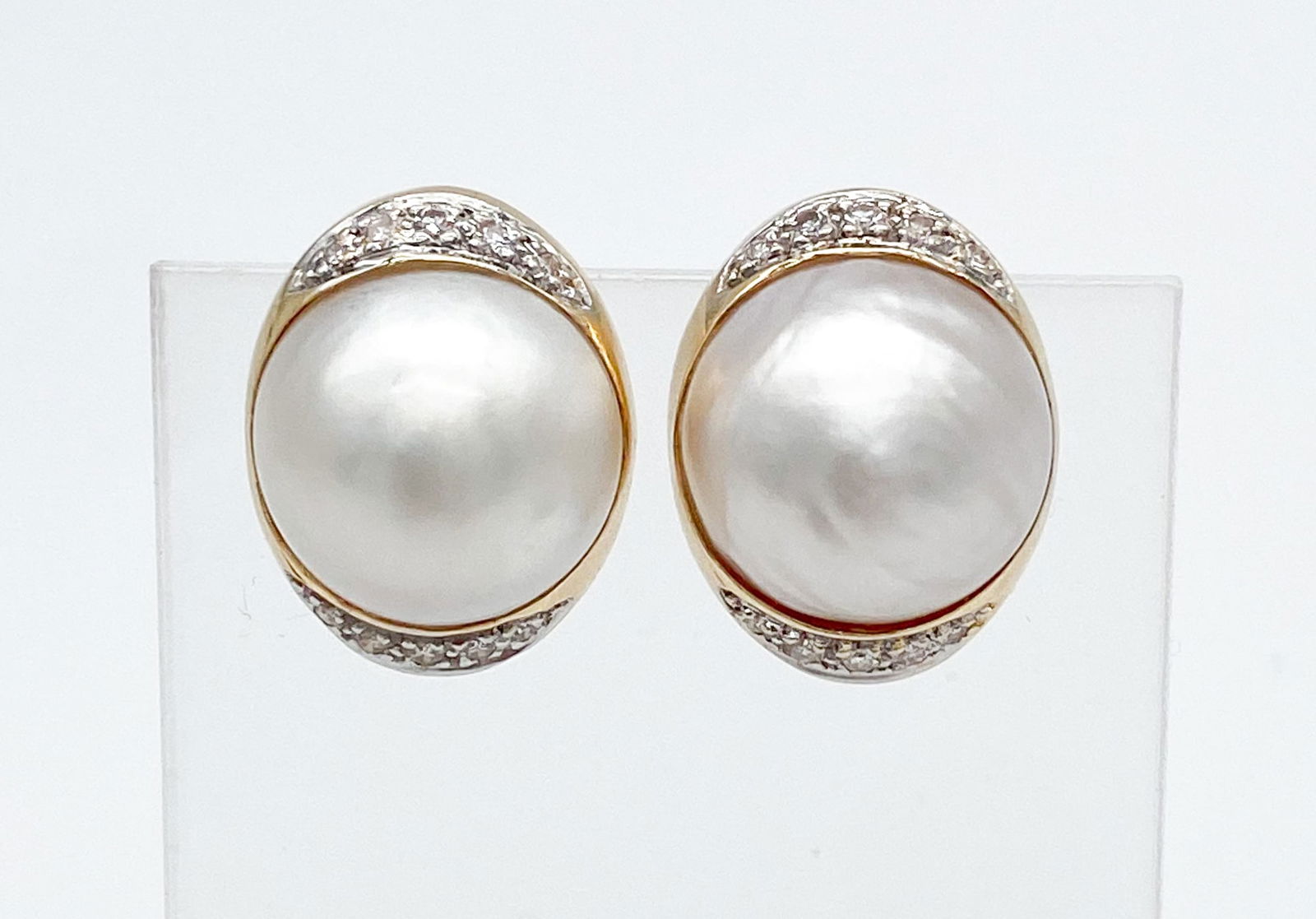 Mabe Pearl And Diamond 18k Earrings: Mabe Pearl And Diamond 18k Earrings, 15.0dwt, Approx 15mm Pearls, Approx .20ctw Diamonds, Omega Clip Style Backs