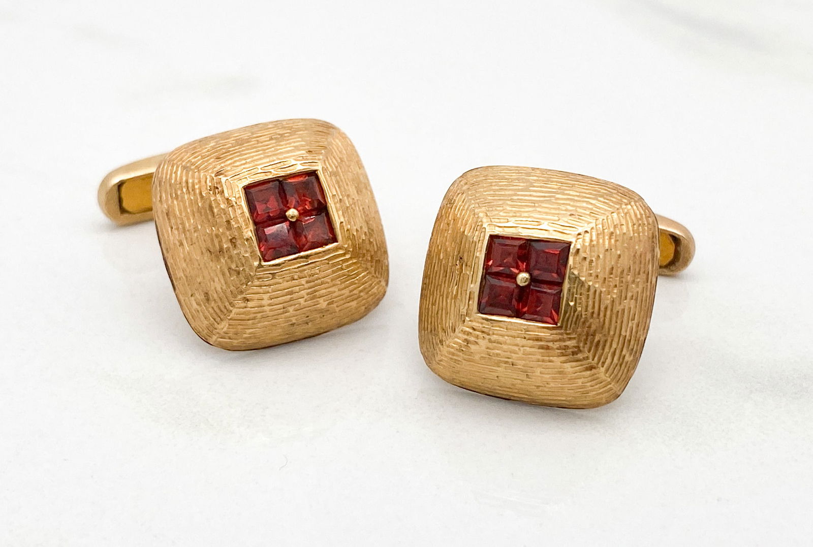Spinel And 14k Yellow Gold Cuff Links: Spinel And 14k Yellow Gold Cuff Links, Approximately 5/8 Inch X 5/8 Inch, Weighing 15.9 Grams.