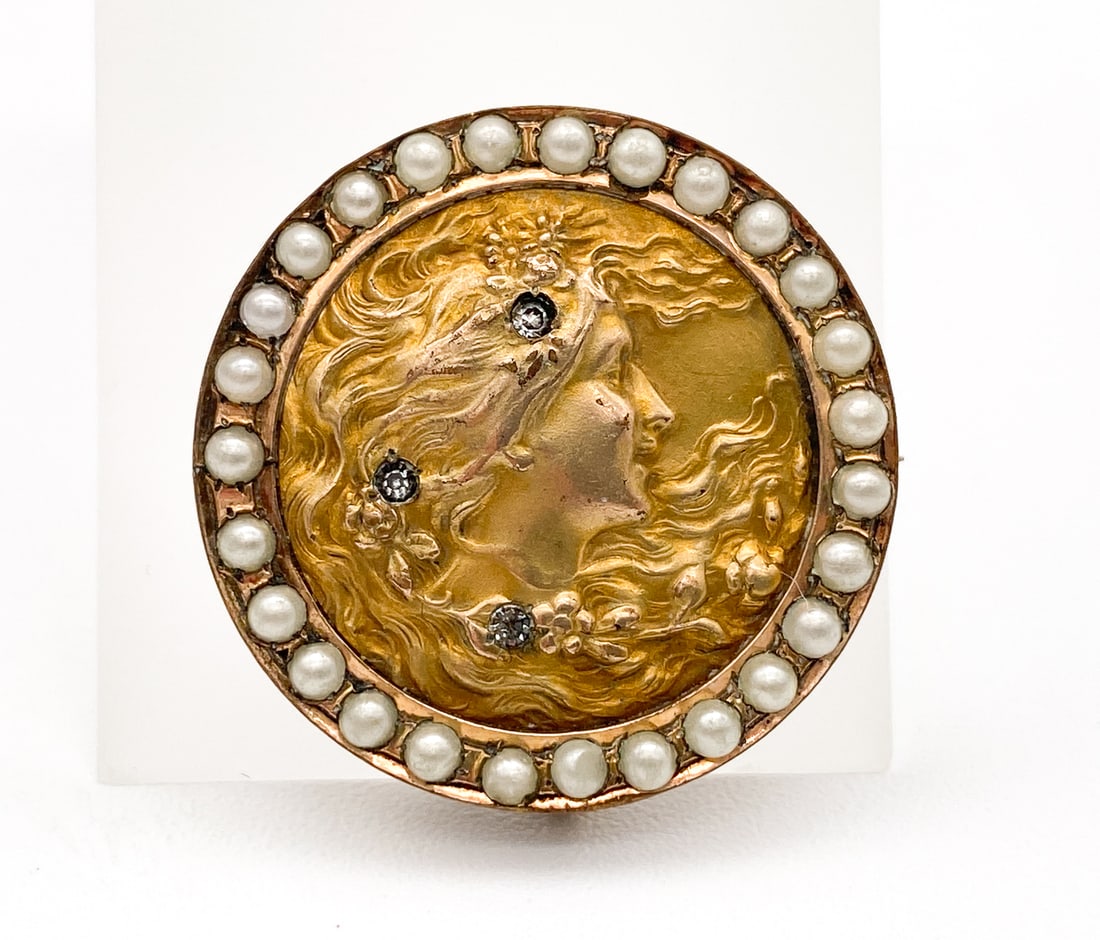 Art Nouveau Gold Diamond & Pearl Brooch (1 of 2)