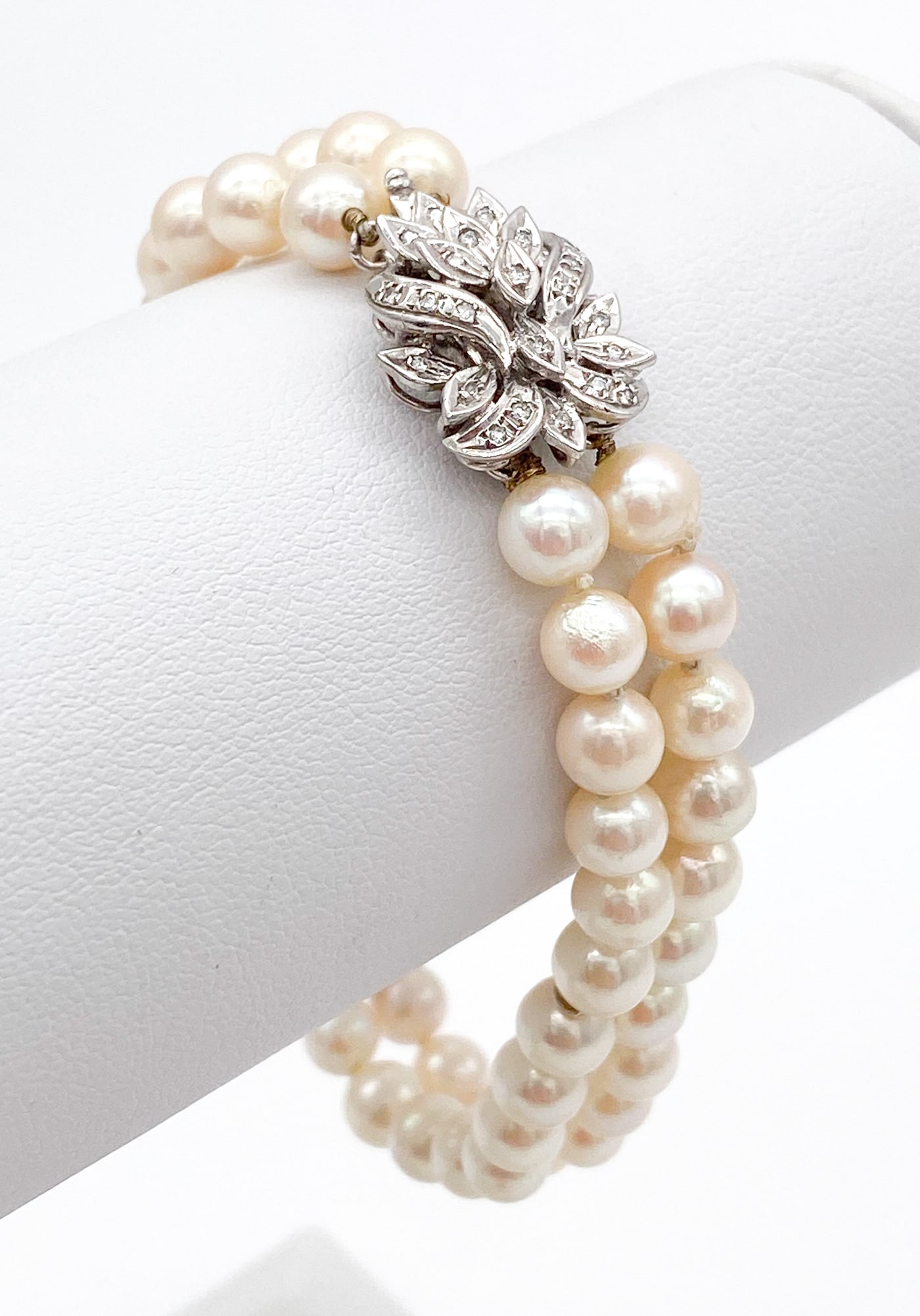 Pearl And Diamond Bracelet, 14k White Gold: Pearl And Diamond Bracelet, 14k White Gold, 7 3/8 Inch Double Stranded Pearl Bracelet, Rosy-toned 5mm Pearls And A 14k White Gold Clasp With Diamonds. 19.9 Grams Total Weight