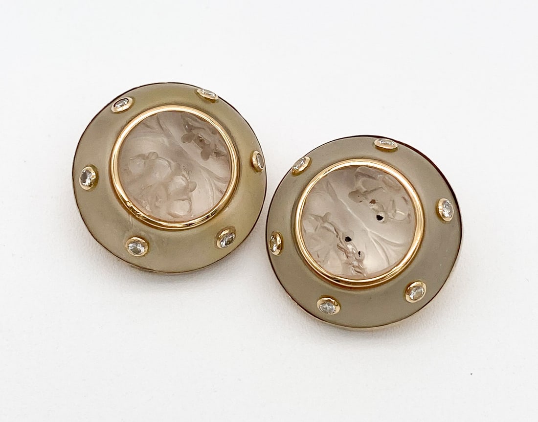 Pair Carved Crystal And Diamond Earrings: Pair Frosted Carved Crystal And Diamond Earrings With 14k Gold Accents. Glue Residue To Bezels Of Diamonds, Chips To Crystal, Clip On Style.15.6dwt.