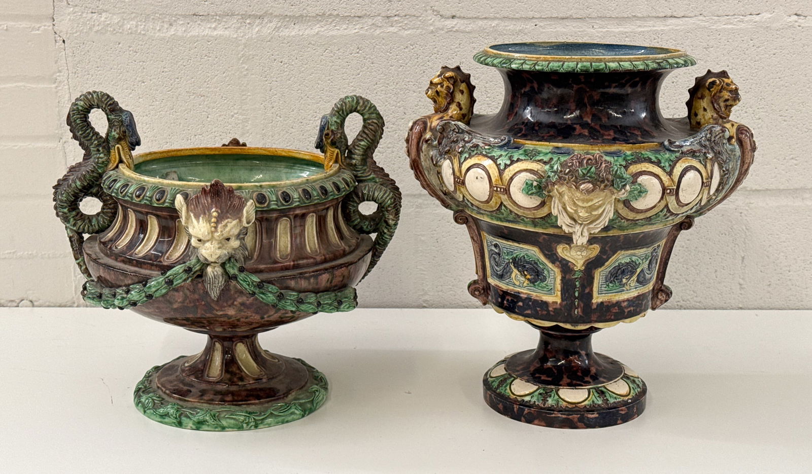 Two Thomas Sargent Attr. Majolica Urns (1 of 3)