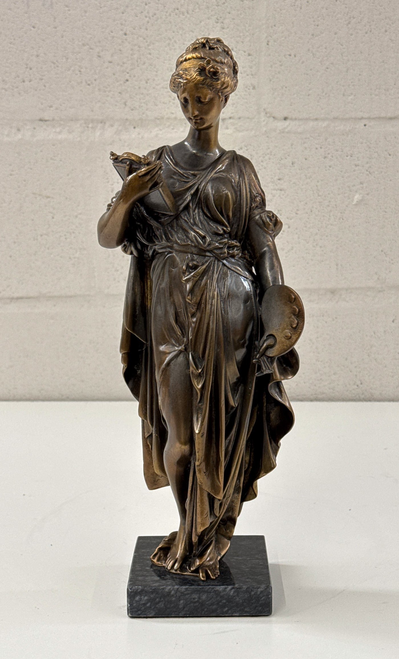 Antique Gilt Nickel Muse Figure: Antique Gilt Nickel Muse Figure, 20th Century, Maiden In Classical Robes Holding A Paint Palette, Figure Height 14.5, Total Height On Marble Base 15.5 Inches, Small Hole To Top Of Head. See Photos.