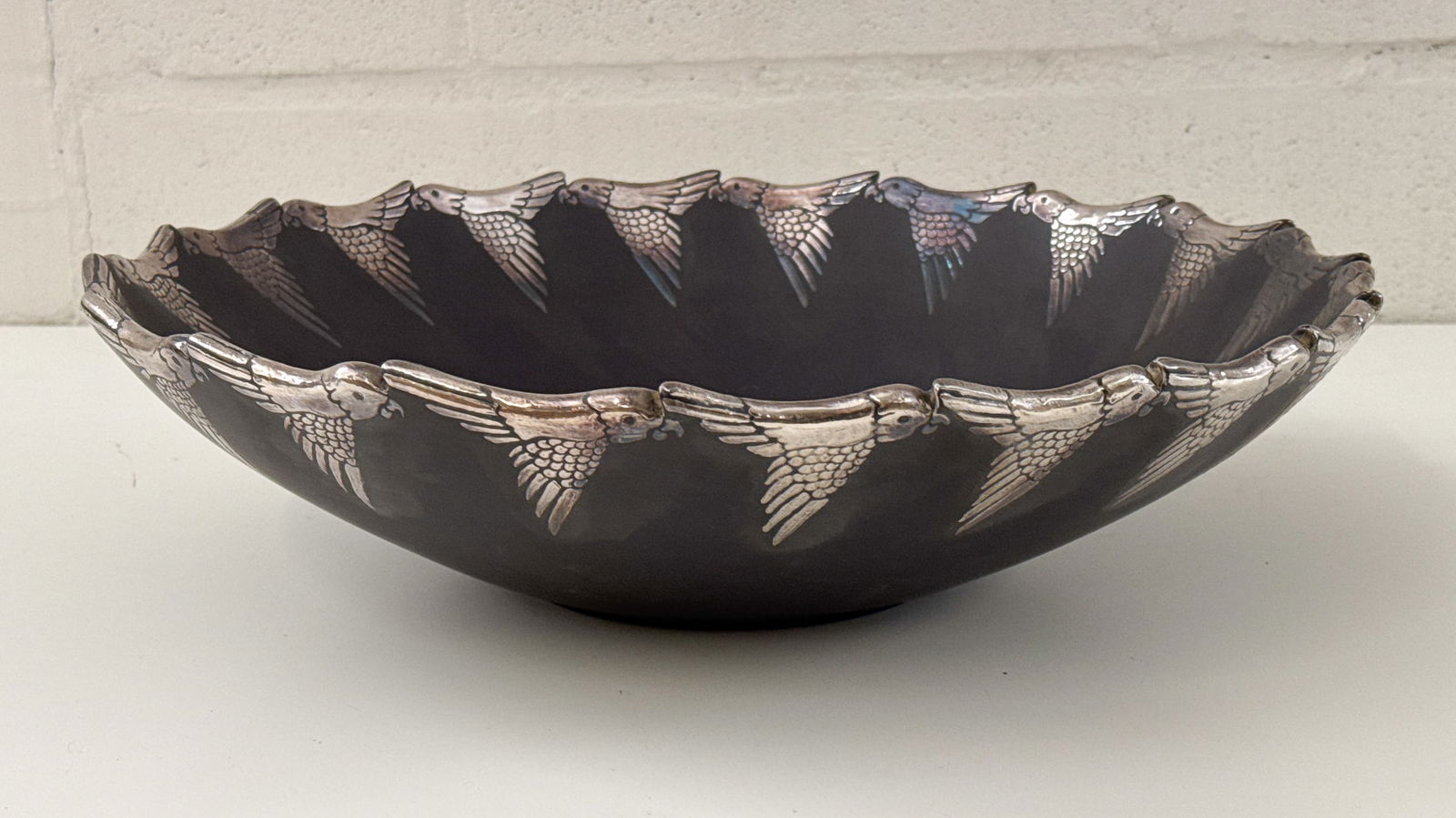 Lg Emilia Castillo Silvered Pottery Bowl: Large Emilia Castillo Silvered Pottery Bowl, Mexico, 1991, Flying Birds In Low Relief On Silver On Rim Of Black Clay Body, Marked Underside Emilia Castillo Plata Pura Mexico 91 With Fish Cyphers, Heig